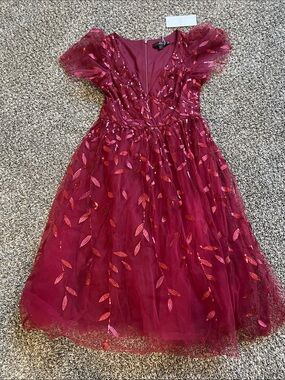 Ever Pretty Burgundy Leaf-Embroidered Tulle Party Dress